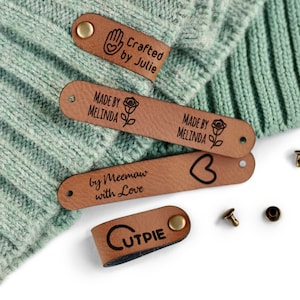 Custom Faux Leather Tags For Handmade Items - Personalize with logo or text for knitting or crochet gifts - Small Size 2.85x0.55 inches