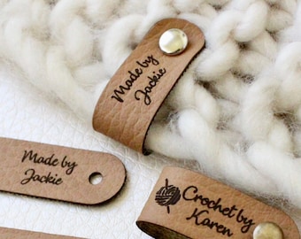 Custom tags for knits and crochet, faux leather labels for handmade items, leather tags with rivets, tags for knitted hats