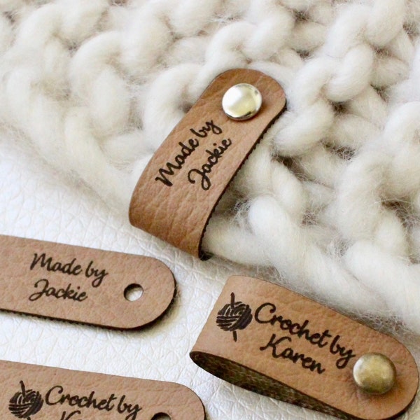 Custom tags for knits and crochet, faux leather labels for handmade items, leather tags with rivets, tags for knitted hats