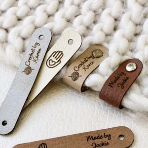 Custom knitting tags - Set of Personalized faux leather labels for knitted, handmade or crochet with custom name with snaps