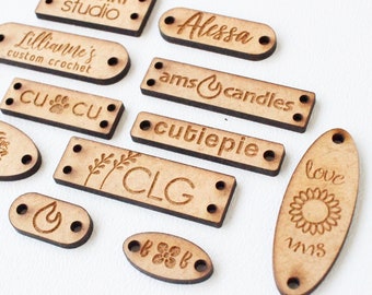 Set of 50 Wooden tags with personalized logo for packaging - tags with custom text or name for accessories - wooden buttons, party favors