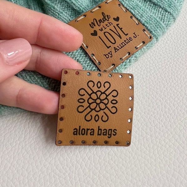 Set of Custom Logo Labels, faux leather 1.5x1.5" tags with holes or for sewing with your own custom logo