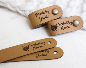 Personalized faux leather tags for knitted, handmade or crochet with custom name with rivets, gift for knitter, caramel labels