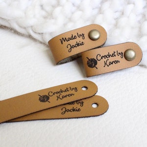 Personalized faux leather tags for knitted, handmade or crochet with custom name with rivets, gift for knitter, caramel labels