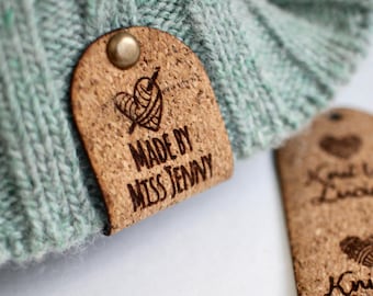 Custom Cork tags for Handmade items - Size  2.85x0.95 inches - Washable and easy to attach, Perfect Gift for Knitter or Crocheter