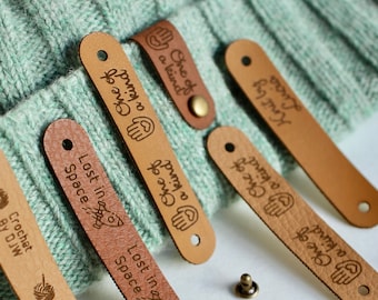 Personalized Knitting & Crochet Tags - Custom Faux Leather Name Tags with Snaps, Handmade Labels for Craft Projects