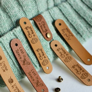 Personalized Knitting & Crochet Tags - Custom Faux Leather Name Tags with Snaps, Handmade Labels for Craft Projects