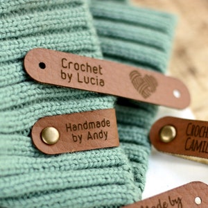 Tags for knitted items, easy to attach, custom name or text, made by tag for beanies, rugs, mittens, crocheted clothes and knits