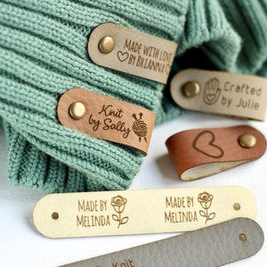 Custom knitting tags - Set of Personalized faux leather labels for knitted, handmade or crochet with custom name and Snaps - Size 2.85x0.55"