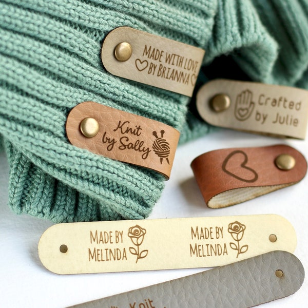 Custom knitting tags - Set of Personalized faux leather labels for knitted, handmade or crochet with custom name with snaps