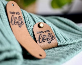 Made with love faux leather tags for handmade items, crochet or knits - Set of 10 with rivets