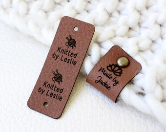 Chestnut tags for crochet, tags for knits with rivets, custom with name, can be attached with snap on, great gift for crocheters