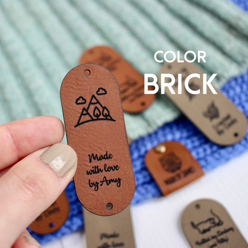 Custom tags for knits 2.5x1 inches with Rivet Snaps Personalized with custom text and symbol Brick