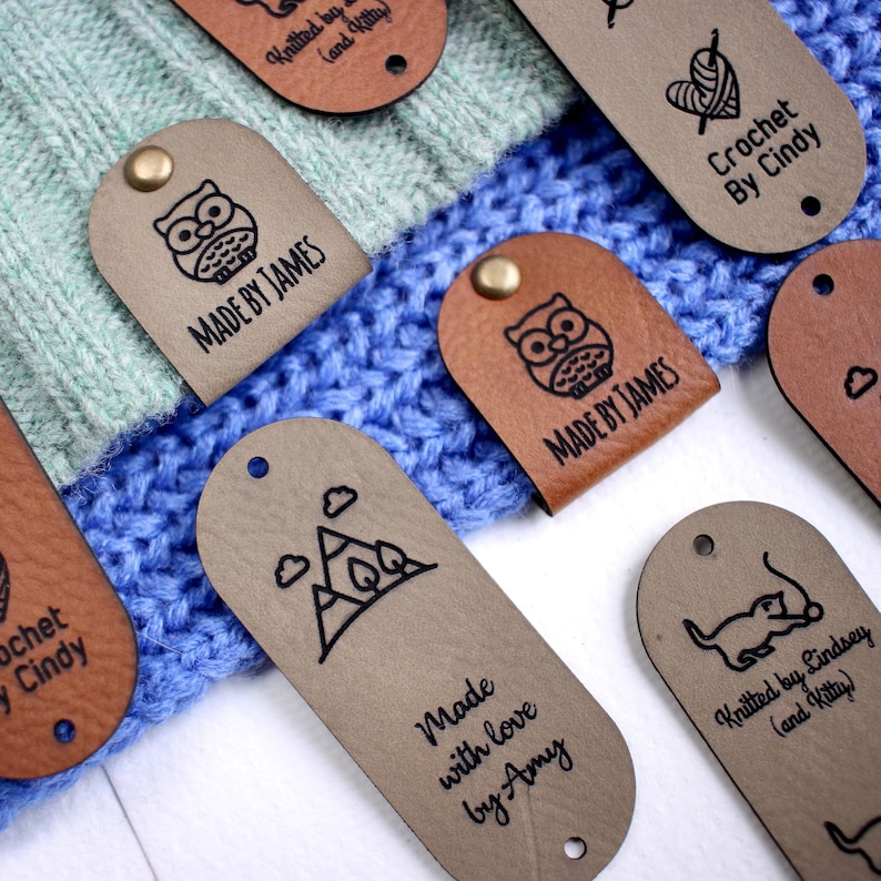 Custom tags for knits 2.5x1 inches with Rivet Snaps Personalized with custom text and symbol image 8