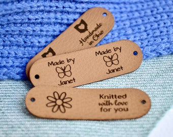 Custom tags for beanies and knits - 2.5x0.8 inches with Rivet Snaps included - Personalized with custom text and symbol or your logo