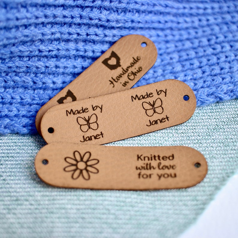 Custom tags for beanies and knits 2.5x0.8 inches with Rivet Snaps included Personalized with custom text and symbol or your logo image 1