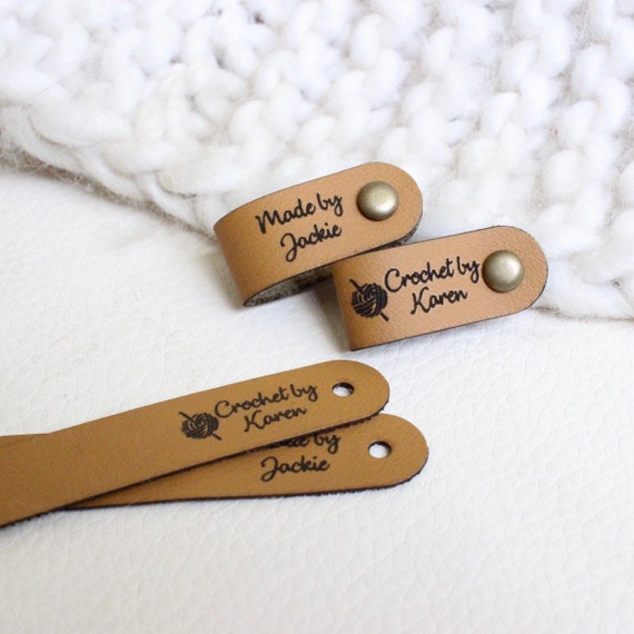 Personalized Faux Leather Tags for Knitted, Handmade or Crochet With Custom  Name With Rivets, Gift for Knitter, Caramel Labels 