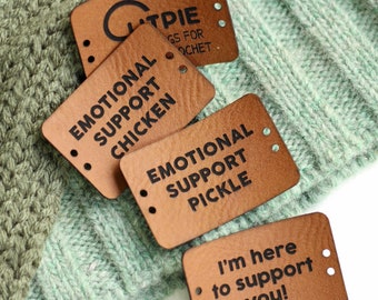 Faux Leather Tags for Emotional Support Amigurumis - Customizable for Pickle, Chicken, and More