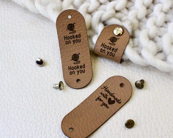 Leather tags for handmade items, knits and crochet labels, Faux leather cinnamon color with personalized name