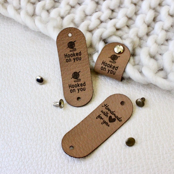 Personalized Faux Leather Tags for Knitted, Handmade or Crochet With Custom  Name With Rivets, Gift for Knitter, Caramel Labels 