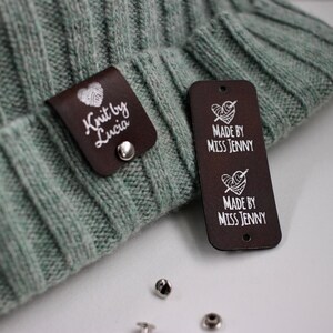 Personalized brown and silver tags for handmade items, size 2.5x1 inches with rivets for knits image 2