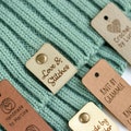Personalized faux leather labels for knitted - Set of 50 tags for handmade or crochet with custom name and snaps product logo