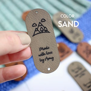 Custom tags for knits 2.5x1 inches with Rivet Snaps Personalized with custom text and symbol Sand