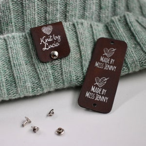 Personalized brown and silver tags for handmade items, size 2.5x1 inches with rivets for knits image 7