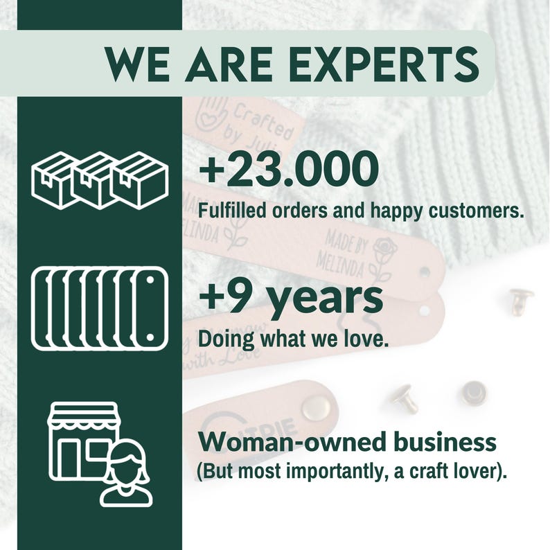 Op de afbeelding: Een groene afbeelding met de tekst "WE ARE EXPERTS" en details over een door een vrouw gerund bedrijf dat meer dan 23.000 bestellingen heeft vervuld en al 9 jaar bestaat.