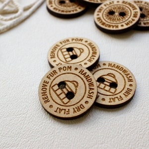 Custom wooden button tags for handmade fur pompoms for easy attachment to beanies - Set of 10