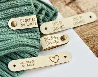 Personalized faux leather labels for knitted, handmade or crochet with custom name with rivets, gift for knitter, white labels