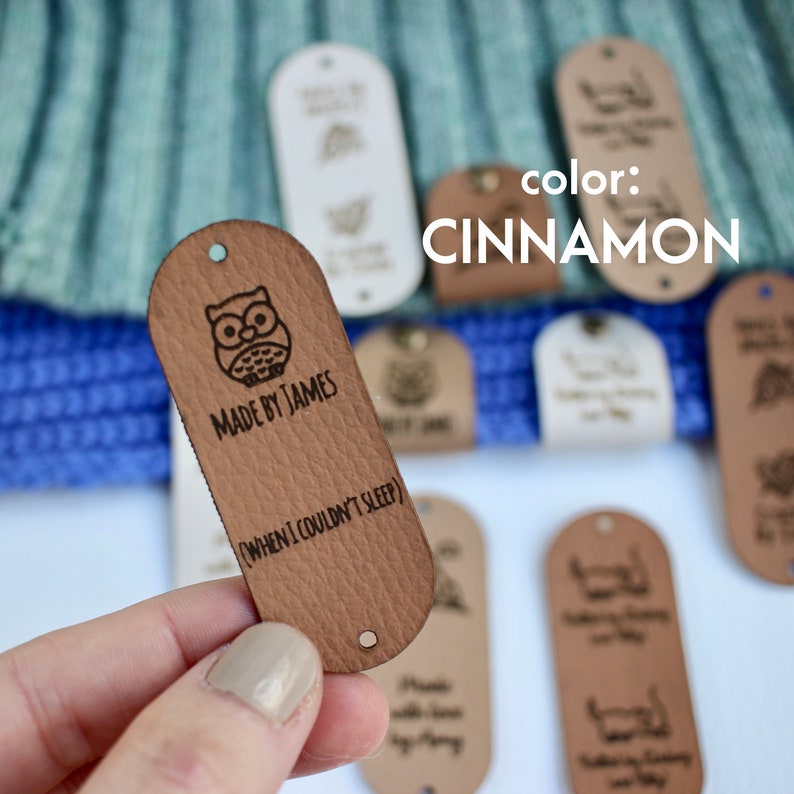 Custom tags for crochet and knits 2.5x1 inches with Rivet Snaps included Personalized with custom text and symbol or your logo image 6