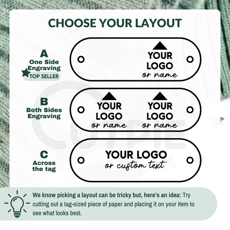 May include: Diagram showing three different layout options for engraving a logo or custom text on a tag. Option A shows one side engraving, option B shows both sides engraving, and option C shows engraving across the tag.