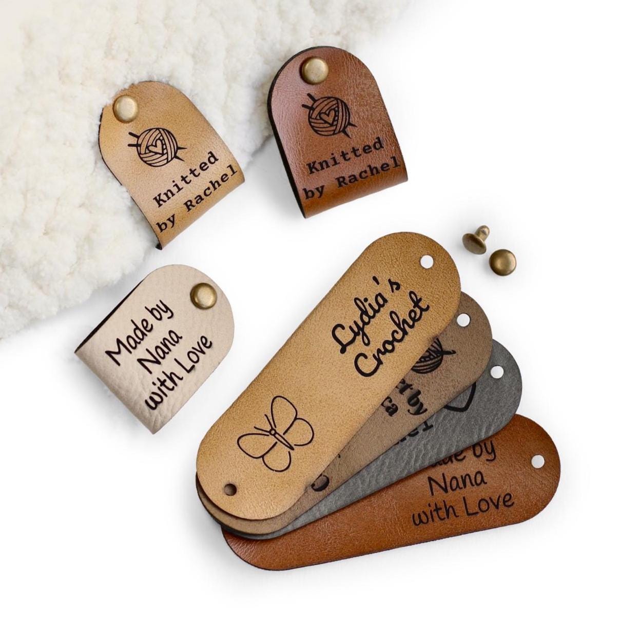 Custom tags For Knits And Crochet - 2.85x0.95in - Faux Leather Multiple Color Options - Rivets - Washable - Easy to attach