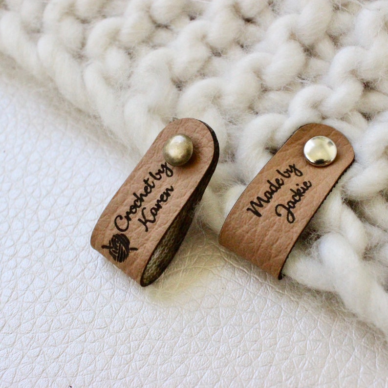 Custom tags for knits and crochet, faux leather labels for handmade items, leather tags with rivets, tags for knitted hats image 7