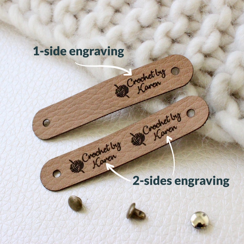 Custom tags for knits and crochet, faux leather labels for handmade items, leather tags with rivets, tags for knitted hats image 5