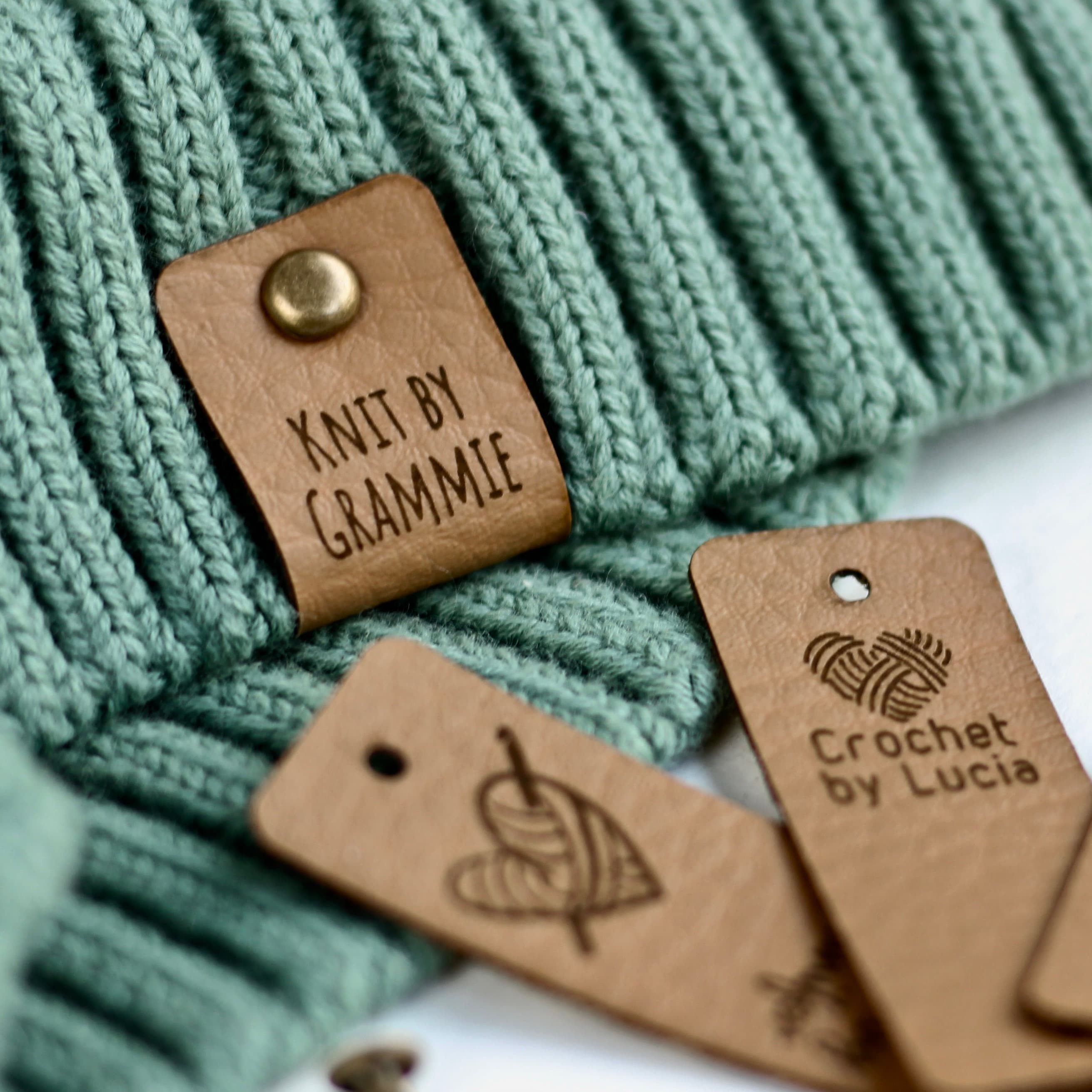 Custom Vegan Leather Knitting & Crochet Tags, Brown Color, Snap