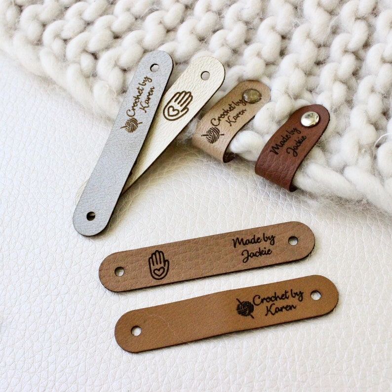 Custom knitting tags Set of Personalized faux leather labels for knitted, handmade or crochet with custom name with snaps Mixed set (3 colors)