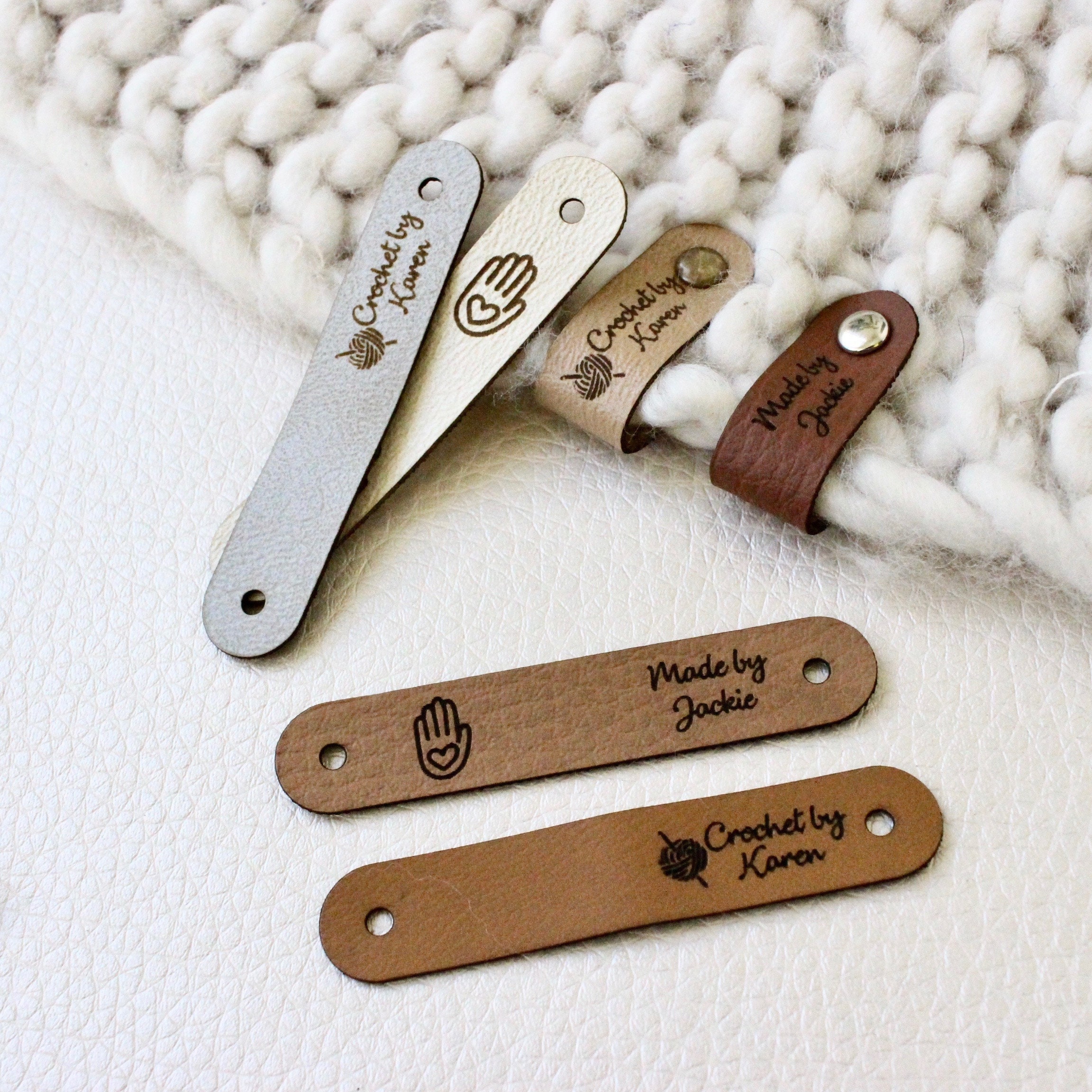 Custom Knitting Tags Set of Personalized Faux Leather Labels for Knitted,  Handmade or Crochet With Custom Name With Snaps 