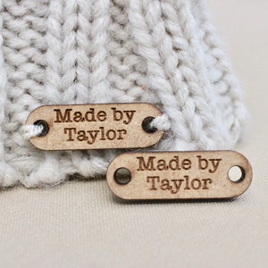 Personalized wooden tags for handmade items, made by custom name tag, great for packaging