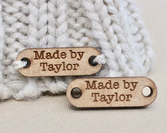 Personalized wooden tags for handmade items, made by custom name tag, great for packaging