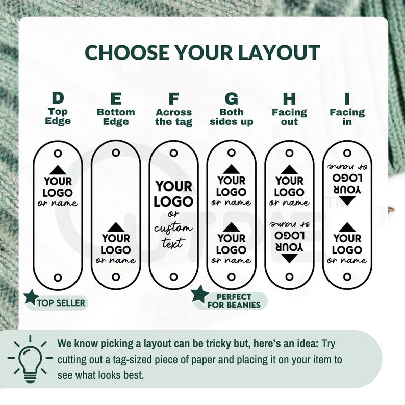 May include: Diagram showing nine different layouts for a custom logo or text on a tag. The layouts are labeled with letters D through I and show the logo or text positioned on the top edge, bottom edge, across the tag, both sides up, facing out, and facing in. The diagram includes the text "Choose Your Layout" and "Top Seller" and "Perfect for Beanies".