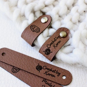 Custom knitting tags Set of Personalized faux leather labels for knitted, handmade or crochet with custom name with snaps Chestnut