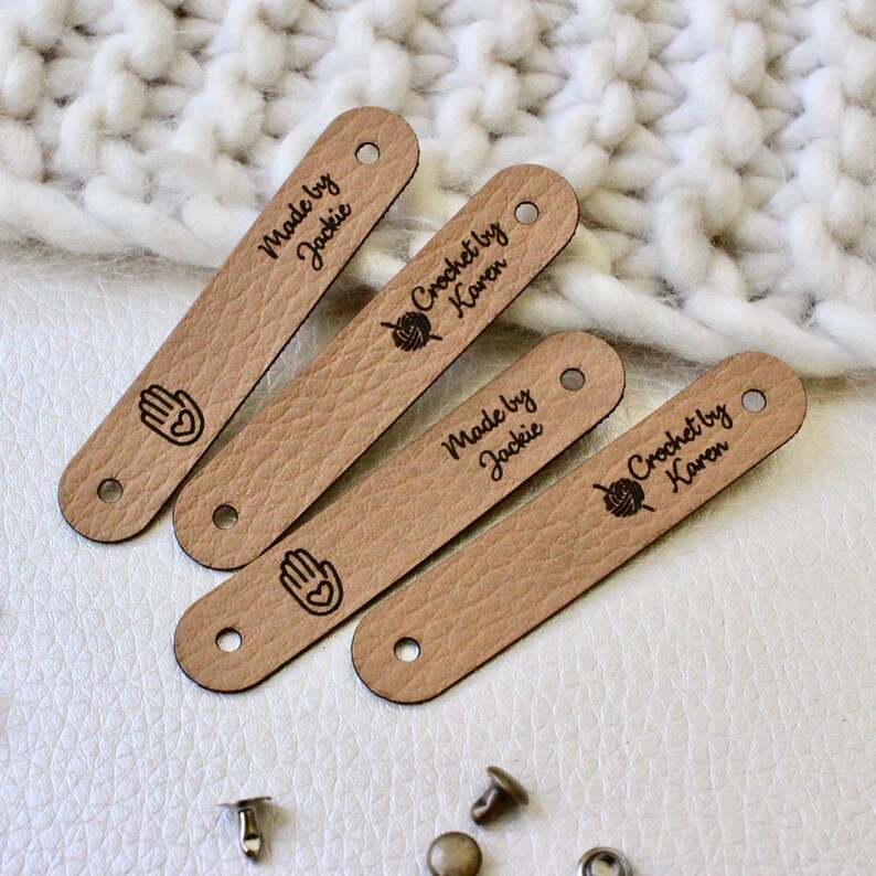 Custom knitting tags Set of Personalized faux leather labels for knitted, handmade or crochet with custom name with snaps Cinnamon