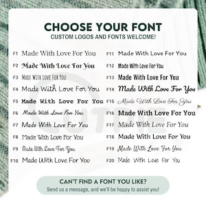 Op de afbeelding: Een grafiek met 20 verschillende lettertypen voor de zin "Made With Love For You". De grafiek bevat een bericht onderaan dat luidt: "Kun je het lettertype dat je zoekt niet vinden? Stuur ons een bericht en we helpen je graag!"