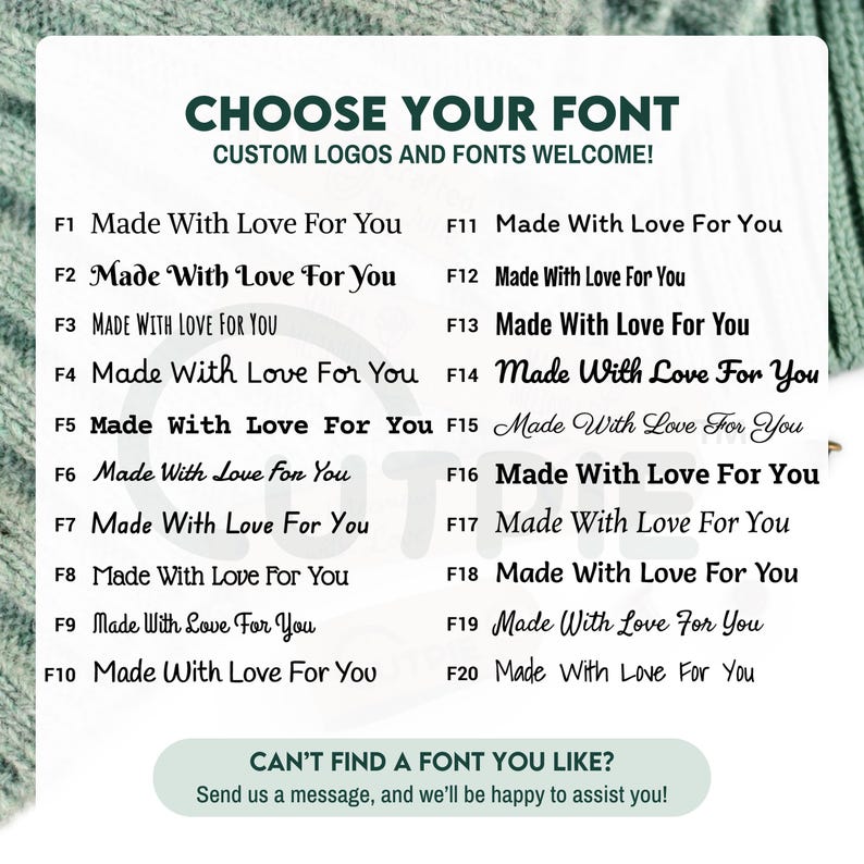 Op de afbeelding: Een grafiek met 20 verschillende lettertypen voor de zin "Made With Love For You". De grafiek bevat een bericht onderaan dat luidt: "Kun je het lettertype dat je zoekt niet vinden? Stuur ons een bericht en we helpen je graag!"