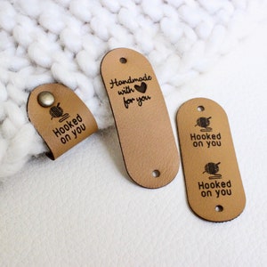 Faux leather labels for knits, handmade or crochet items. Tags with custom name and rivets, gift for knitter, gift for grandma