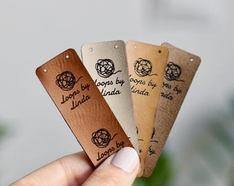 Custom Tags for Handmade Items, Faux Leather Labels with Logo, Washable, Size 2.85x.95"