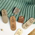 Set of 50 Personalized faux leather labels for knitted, handmade or crochet with custom name with rivets, gift for knitter, caramel labels product logo