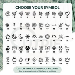 Op de afbeelding: Een grafiek met 50 verschillende symbolen, waaronder harten, sterren, bloemen, dieren en meer. De grafiek is gelabeld "Kies je symbool" en bevat de nummers 1 tot en met 50.